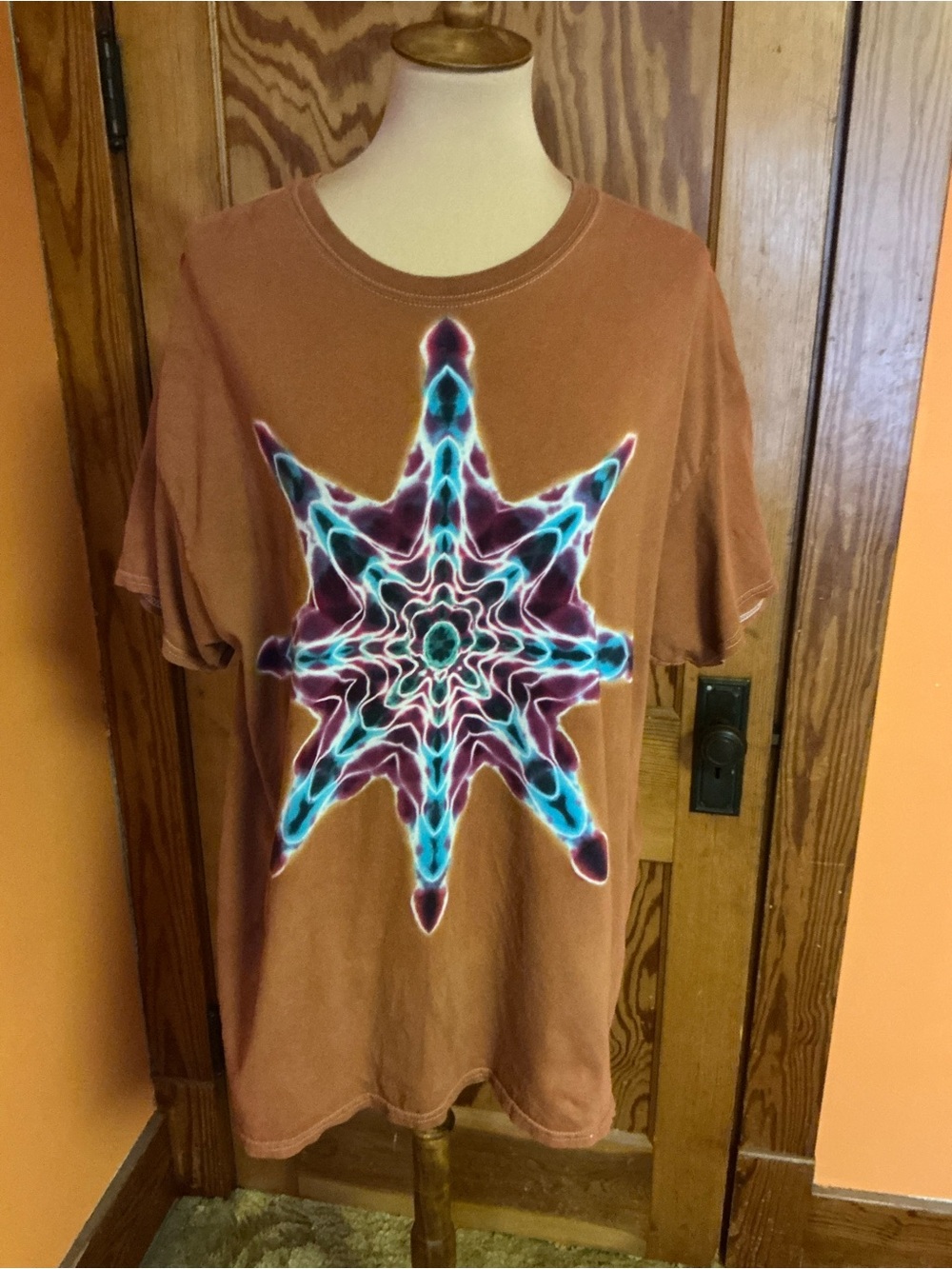 Hand Dyed Tie Dye T-Shirt XL Rust Brown Psychedelic Star Mandala Boho Hippie - Picture 3 of 10